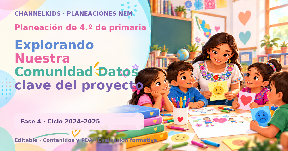 Planeación de cuarto grado: Explorando Nuestra Comunidad Datos clave del proyecto Aspecto Detalle Asunto/Problema Sociedad Escenario Comunidad Metodología de enseñanza 