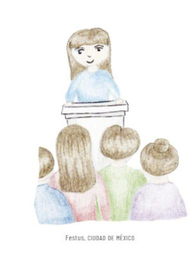Ilustración del libro de texto: una alumna expone desde un podio ante sus compañeros