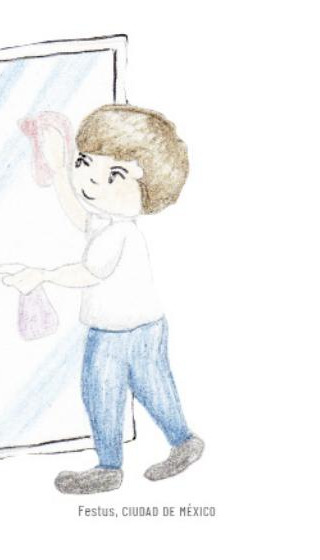 Ilustración del libro de texto: un niño se asea frente al espejo