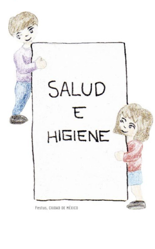 Ilustración del libro de texto: dos niños sostienen un cartel que dice Salud e Higiene