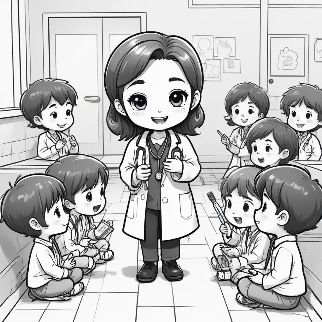 Ilustración chibi de un doctor dando una plática de higiene a los niños