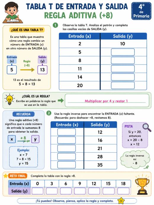 Tabla T de entrada y salida con regla aditiva (+8)