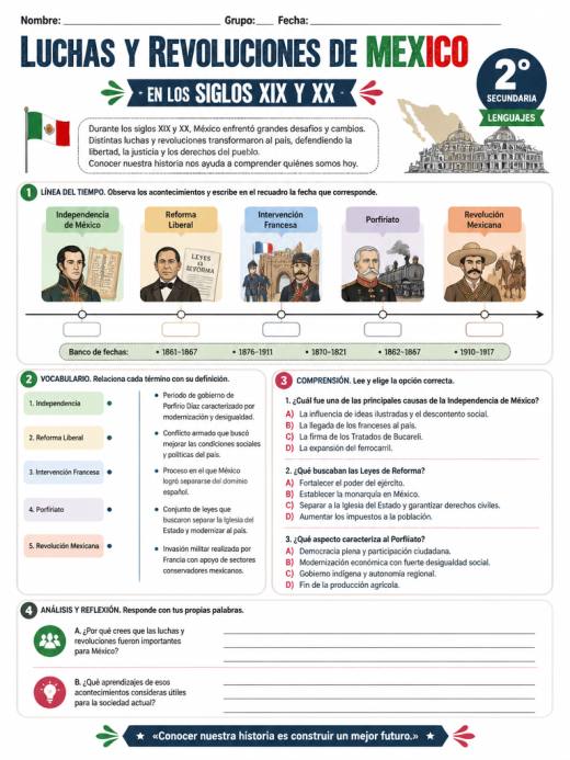 Hoja de Trabajo: LUCHAS Y REVOLUCIONES DE MEXICO EN LOS SIGLOS XIX Y XX (2° de Secundaria)