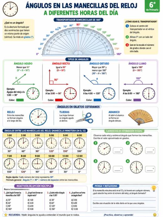 Ángulos en las manecillas del reloj a diferentes horas del día
