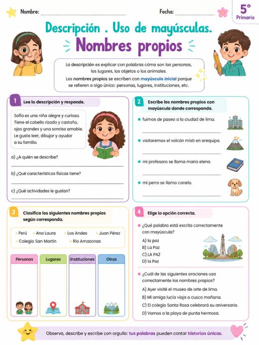 Hoja de Trabajo: descripción . uso de mayúsculas. nombres propios (5° de Primaria)