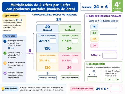 Multiplicación de 2 cifras por 1 cifra con productos parciales (24 x 6)