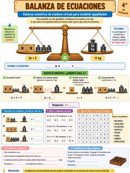 Balanza numérica de madera virtual para modelar igualdades
