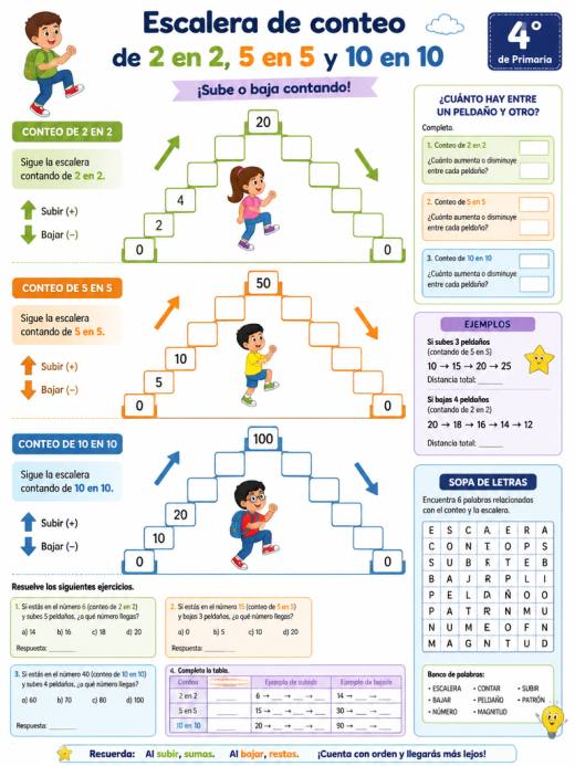 Escalera de conteo de 2 en 2, 5 en 5 y 10 en 10