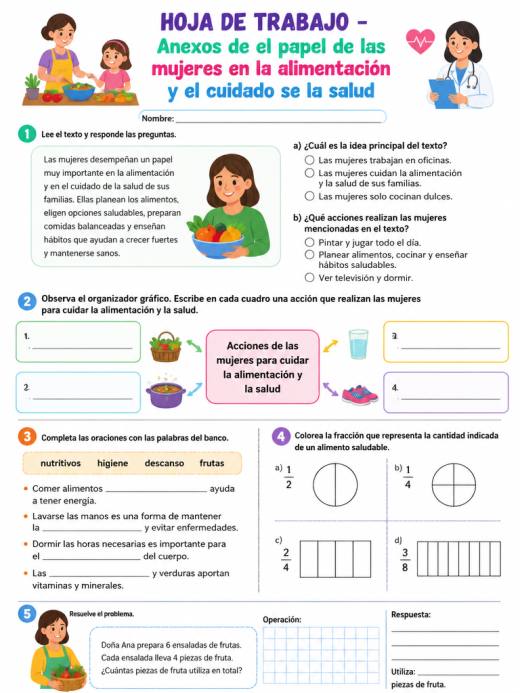 Hoja de Trabajo: Anexos de el papel de las mujeres en la alimentación y el cuidado se la salud (4° de Prima...