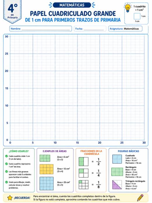 Papel cuadriculado grande de 1 cm para primeros trazos de primaria