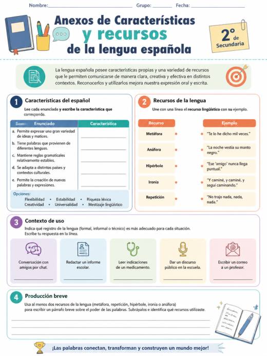 Anexos de Características y recursos de la lengua española (2° de Secundaria)