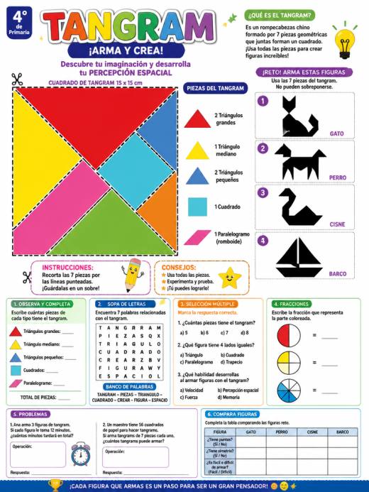 Tangram con siluetas de animales para armar (gato, perro, cisne)