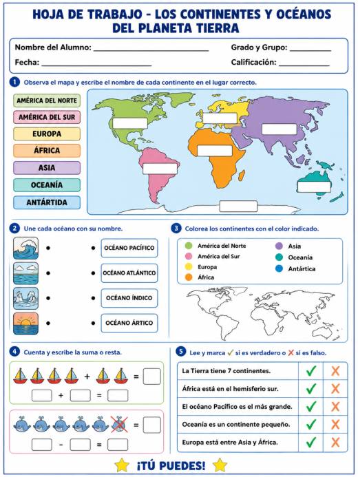Hoja de Trabajo: Los Continentes y Océanos del Planeta Tierra (2° de Primaria)