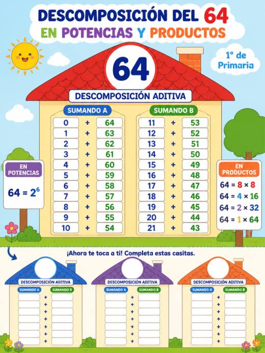 Descomposición del 64 en potencias y productos
