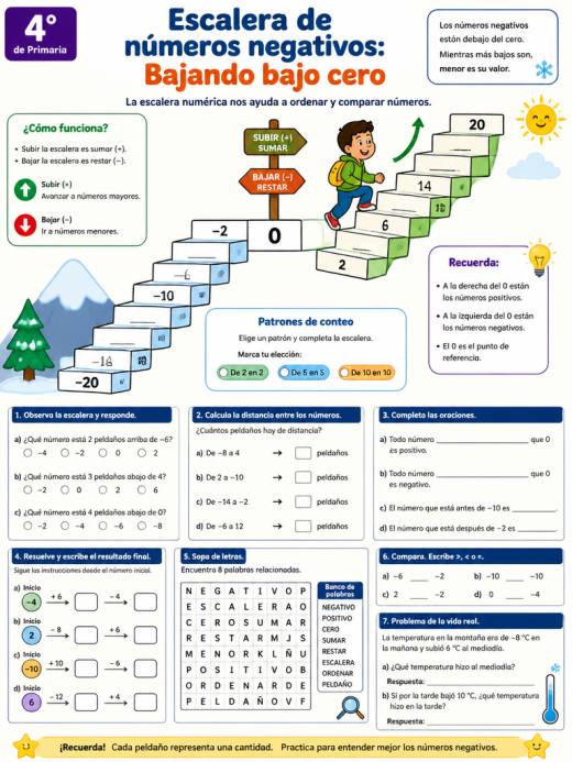 Escalera de números negativos: Bajando bajo cero