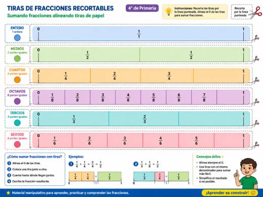 Sumando fracciones alineando tiras de papel