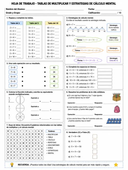 Hoja de Trabajo: Tablas de Multiplicar y Estrategias de Cálculo Mental (4° de Primaria)
