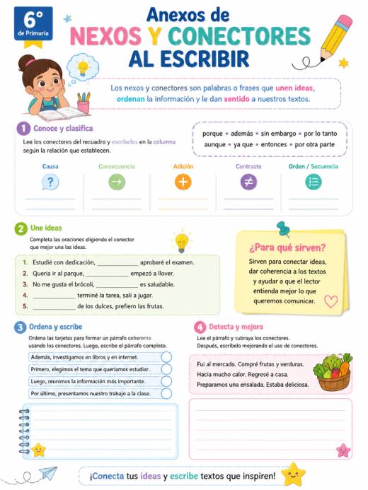 Hoja de Trabajo: Anexos de NEXOS Y CONECTORES AL ESCRIBIR (6° de Primaria)