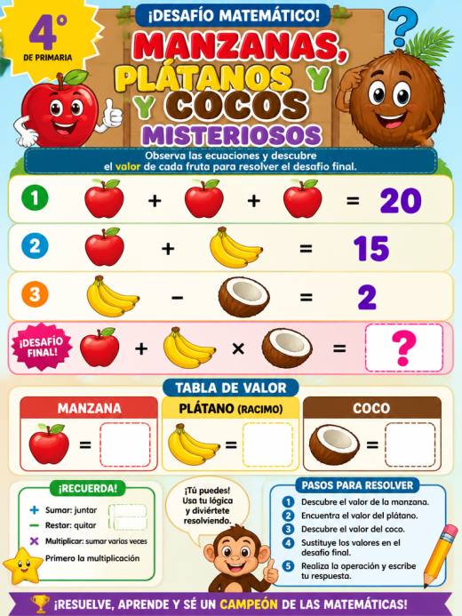 Tablero de ecuaciones visuales: Manzanas, plátanos y cocos misteriosos