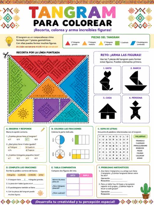 Tangram para colorear con motivos étnicos y patrones decorativos