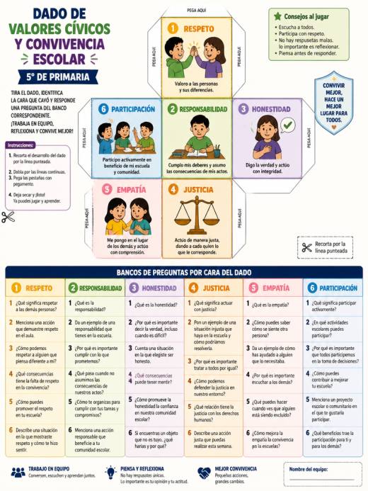 Dado de Valores Cívicos y Convivencia Escolar