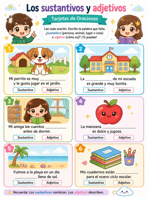 Los sustantivos y adjetivos – Tarjetas de Oraciones