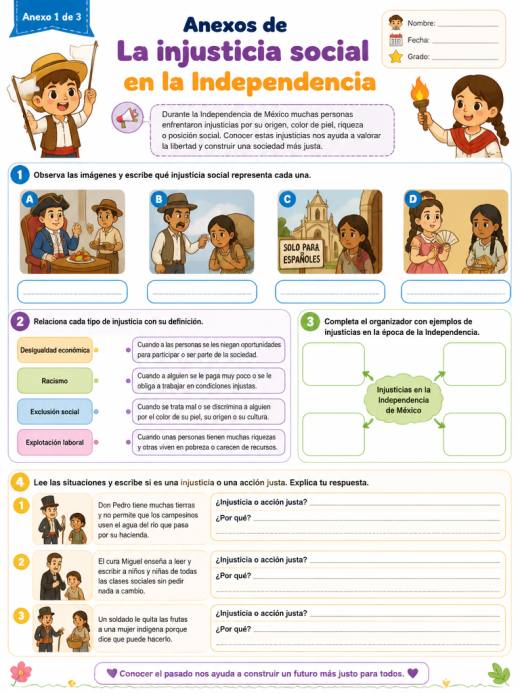 Hoja de Trabajo: Anexos de La injusticia social en la Independencia (Primaria)
