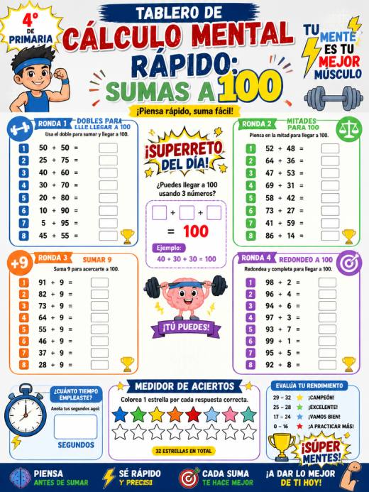 Tablero de cálculo mental rápido: Sumas a 100