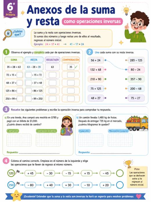 Anexos de la suma y resta  como operaciones inversas (6° de Primaria)
