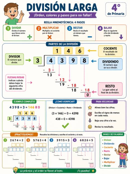 Plantilla de división con colores para cociente, dividendo y resto