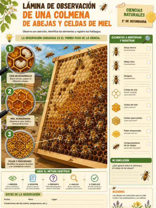 Lámina de Observación de una Colmena de Abejas y Celdas de Miel