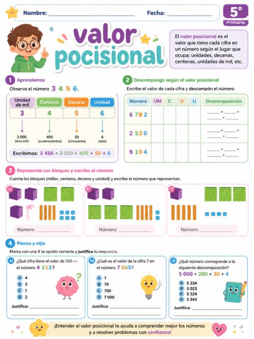 Hoja de Trabajo: valor pocisional (5° de Primaria)
