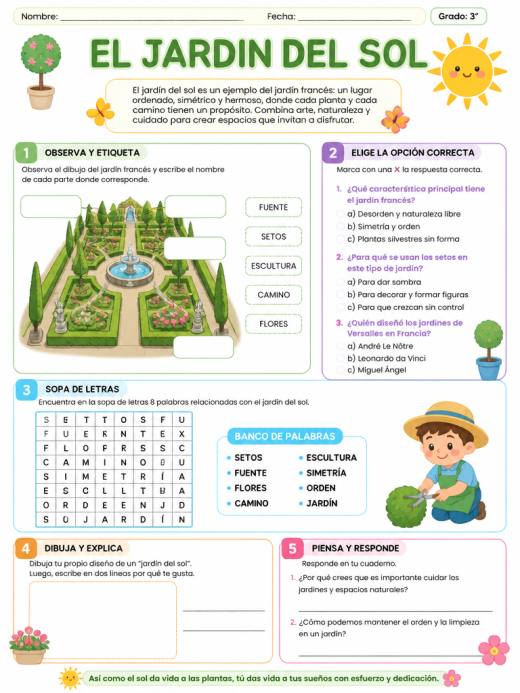 Hoja de Trabajo: EL JARDIN DEL SOL (3° de Primaria)