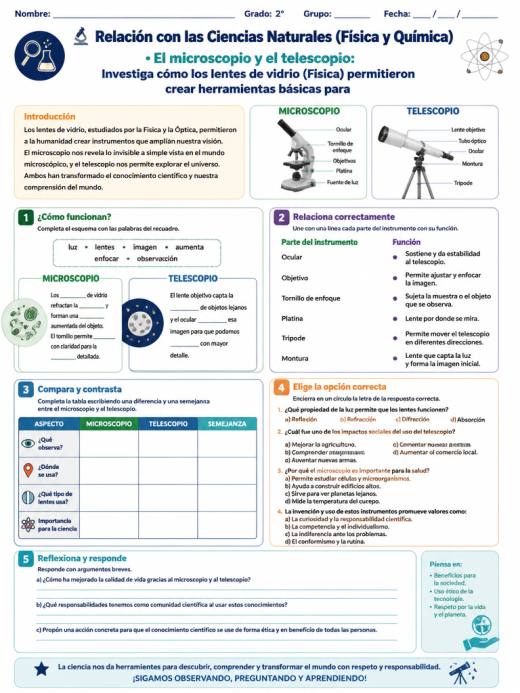Hoja de Trabajo: ? Relación con las Ciencias Naturales (Física y Química) • El microscopio y el telescopio:...