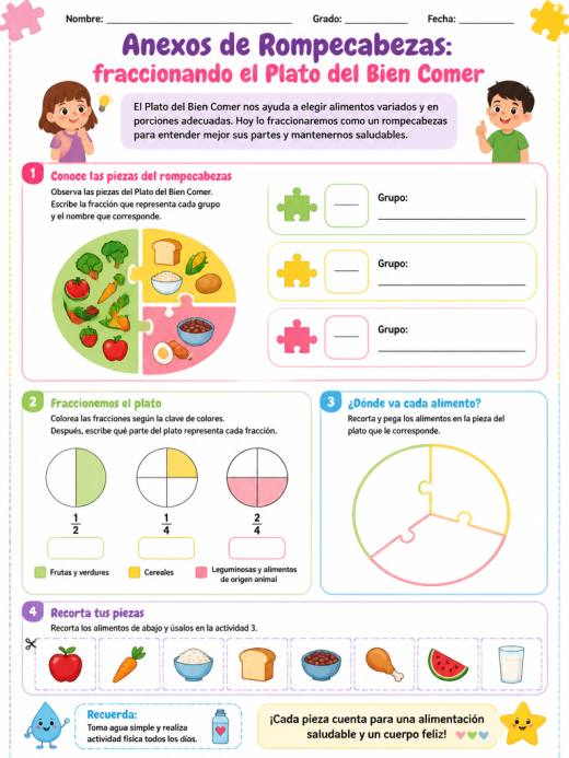 Hoja de Trabajo: Anexos de Rompecabezas: fraccionando el Plato del Bien Comer (Primaria)