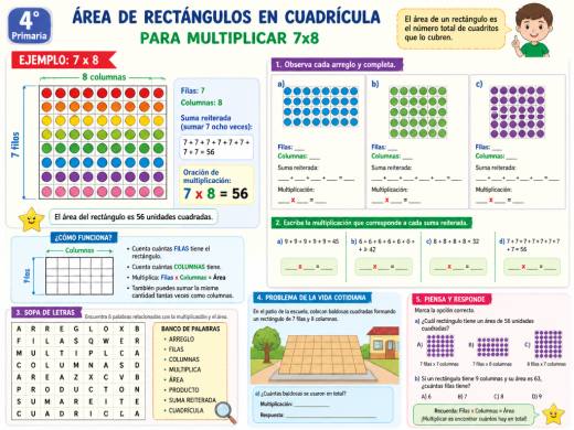 Área de rectángulos en cuadrícula para multiplicar 7x8