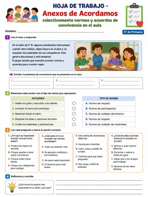 Hoja de Trabajo: Anexos de Acordamos colectivamente normas y acuerdos de convivencia en el aula (5° de Prim...