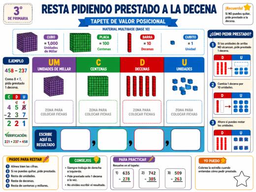 Resta pidiendo prestado a la decena