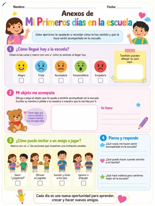 Hoja de Trabajo: Anexos de Mi Primeros días en la escuela (Primaria)