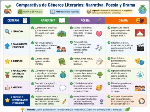 Comparativa de Géneros Literarios: Narrativa, Poesía y Drama