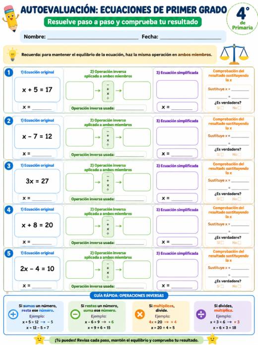 Ficha de autoevaluación: 5 ecuaciones resueltas con plantilla guiada
