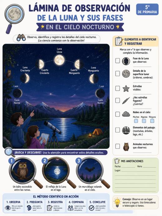 Lámina de Observación de la Luna y sus Fases en el Cielo Nocturno