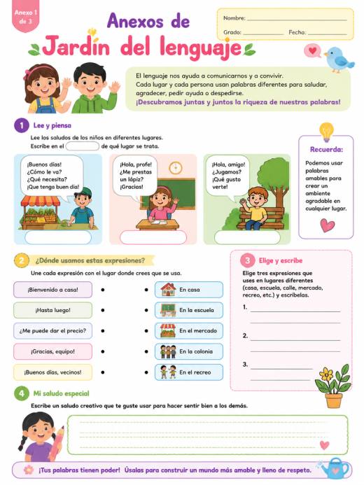 Hoja de Trabajo: Anexos de Jardín del lenguaje (Primaria)