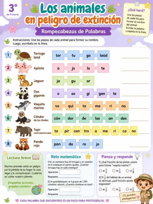 Los animales en peligro de extinción – Rompecabezas de Palabras