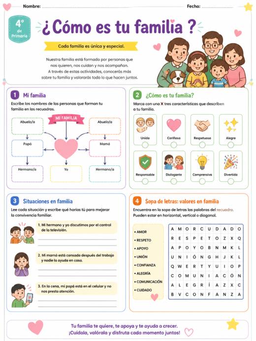 Hoja de Trabajo: ¿Cómo es tu familia ? (4° de Primaria)