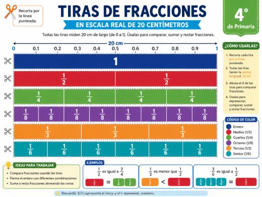 Tiras de fracciones en escala real de 20 centímetros
