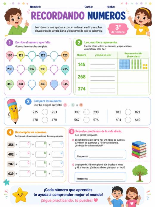 Hoja de Trabajo: RECORDANDO NUMEROS (3° de Primaria)