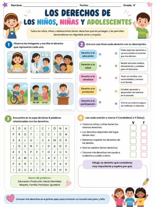 Hoja de Trabajo: LOS DERECHOS DE LOS NIÑOS, NIÑAS Y ADOCLECENTES (4° de Primaria)