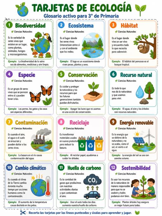 Tarjetas de Ecología (Biodiversidad, Huella de Carbono)