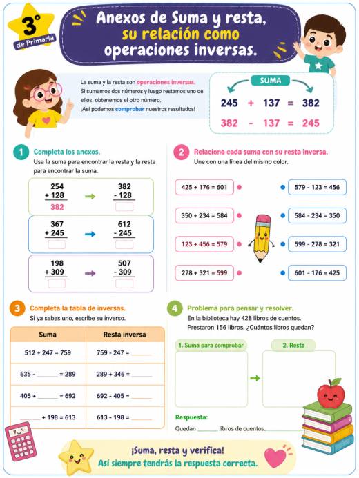 Anexos de Suma y resta, su relación  como operaciones  inversas. (3° de Primaria)